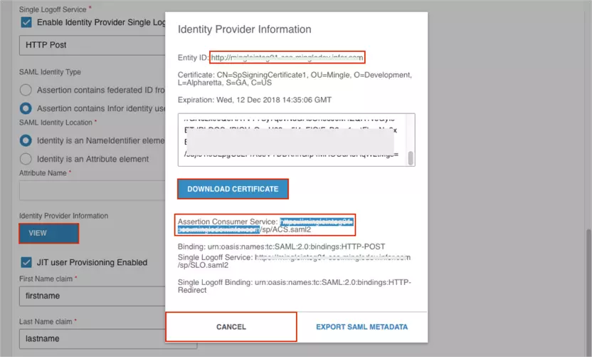 infor cloudsuite sso IDP information